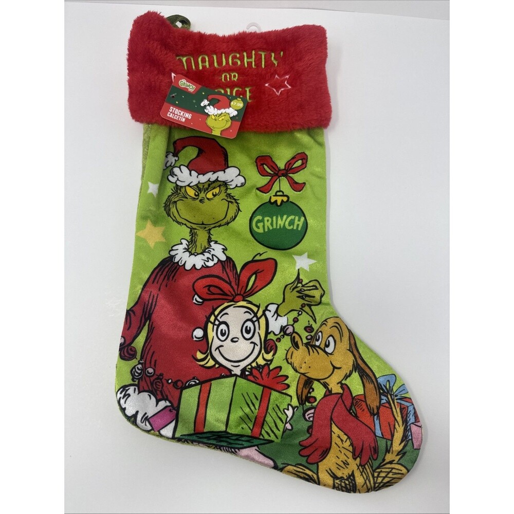 Green Plush Grinch Christmas Stocking NAUGHTY OR NICE Red Faux Fur Cuff New Max